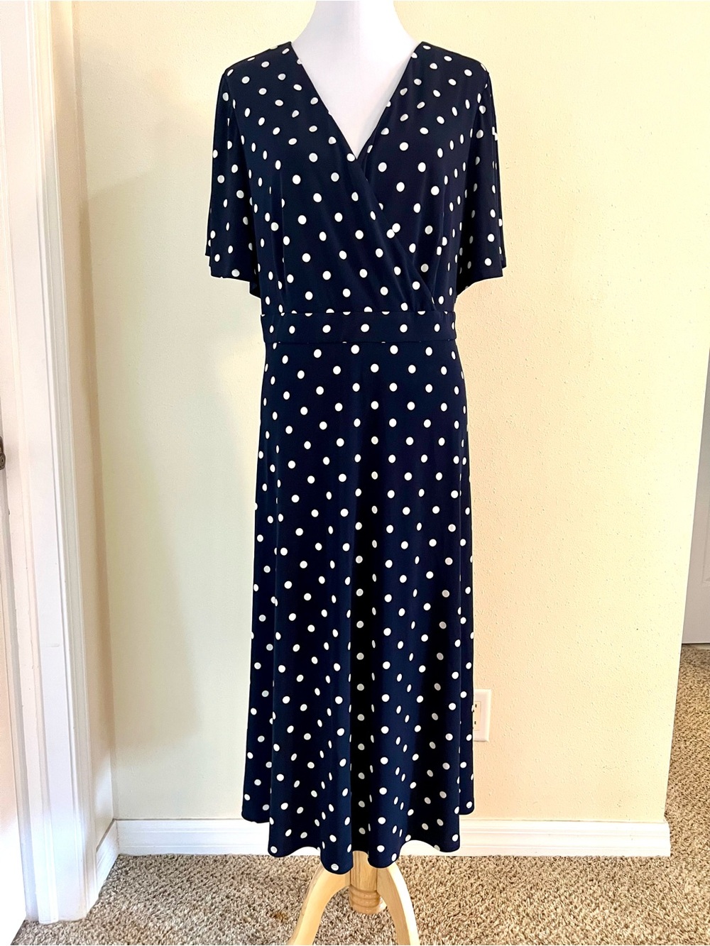 Eliza J Navy and White Polka Dot Maxi Wrap Dress